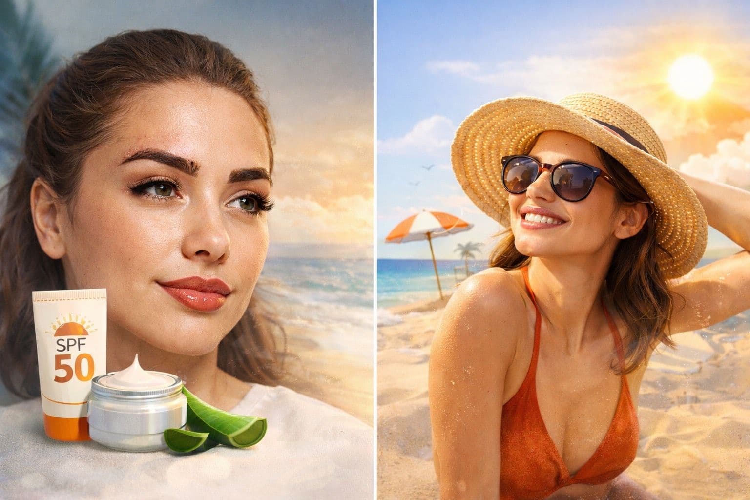 Kobieta z makijażem permanentnym brwi i ust latem oraz kobieta na plaży w kapeluszu, ilustracja artykułu o makijażu permanentnym w wakacje
