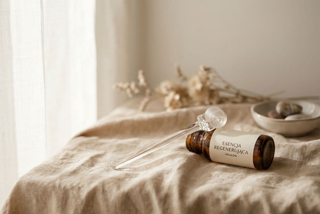 Szklany roller do twarzy i ampułka z serum na lnianej powierzchni — kompozycja kosmetyczna ilustrująca zabieg skin needling