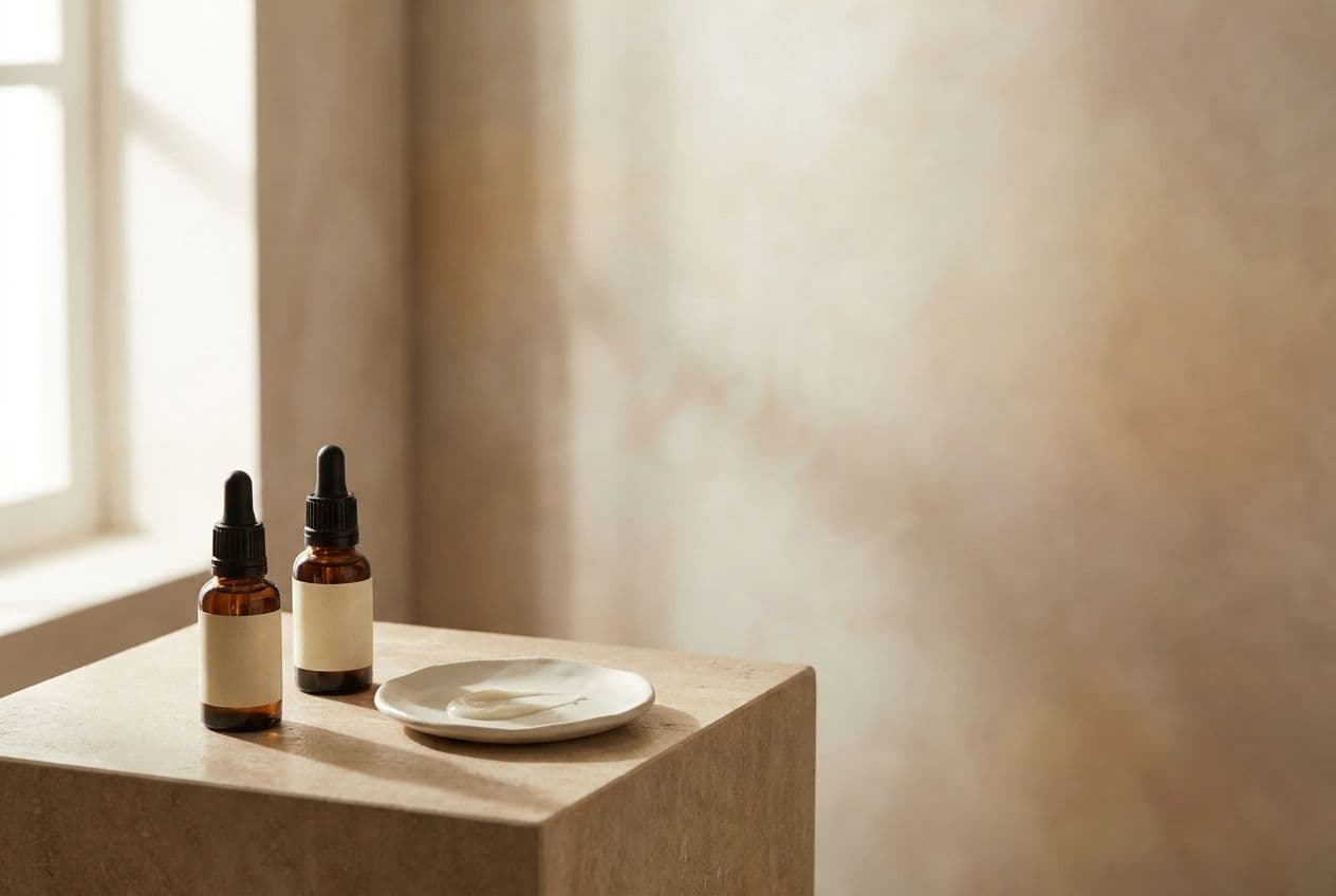Bursztynowe buteleczki z serum i ceramiczna miseczka na ciepłym beżowym tle — kompozycja kosmetyczna do mezoterapii igłowej
